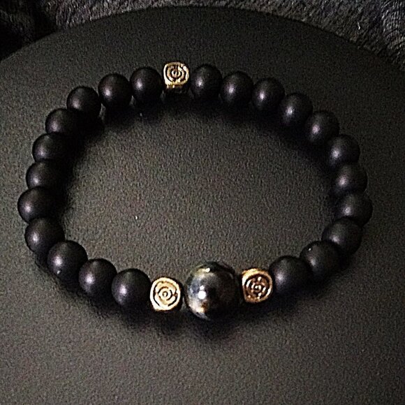 Rustic Unisex Goth ~ Black + Bronze Beaded Stretch Bracelet - Fits 7-7.5" Wrists - Picture 1 of 5